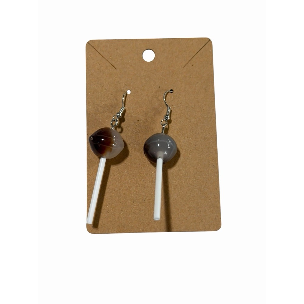 Handmade Lollipop Drop Earrings‎ Brown Grey Swirl Candy Novelty Kitsch Dangle
